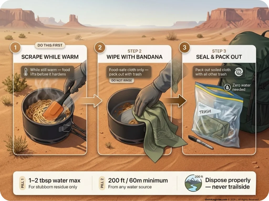 Infographic showing 3-step no-water Jetboil pot cleaning sequence with silicone spatula, bandana wipe, and Ziploc trash storage