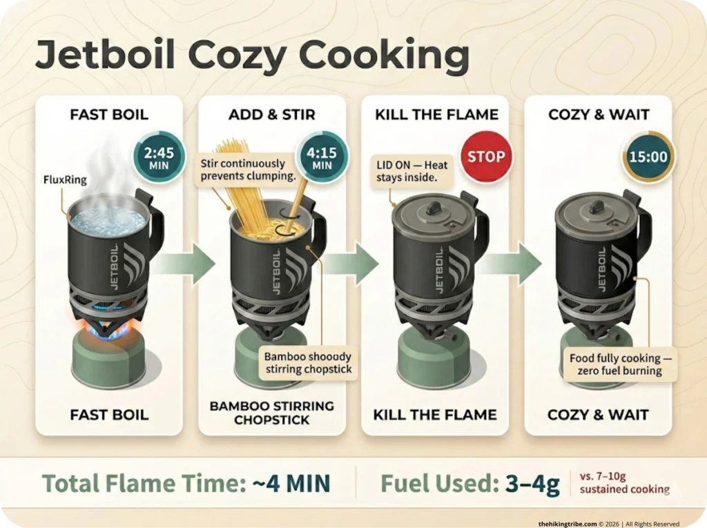 Infographic showing 4-step Jetboil off-heat cooking method with timer overlays, from boiling to neoprene cozy wrapping