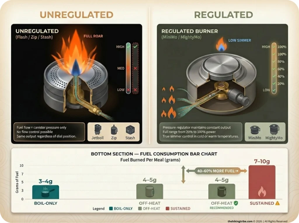 Infographic comparing regulated vs unregulated Jetboil burners with fuel flow diagrams, model categories, and fuel consumption bar chart