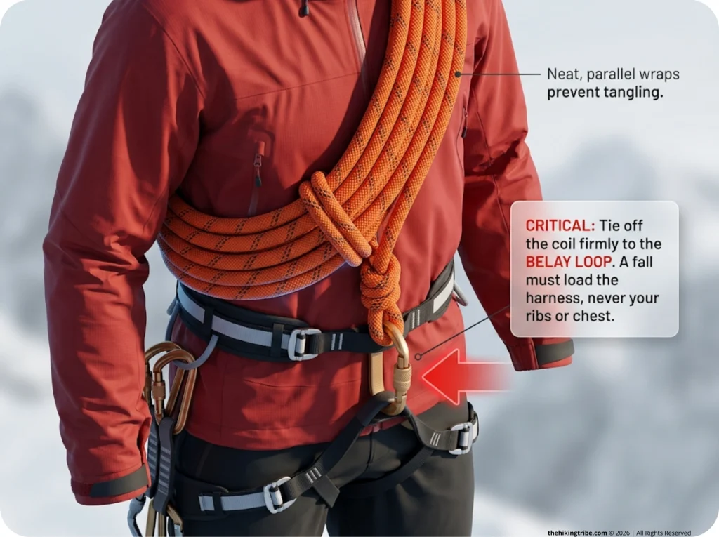 Infographic showing a climber's torso with a properly tied Kiwi Coil and callout indicating the harness belay loop tie-off
