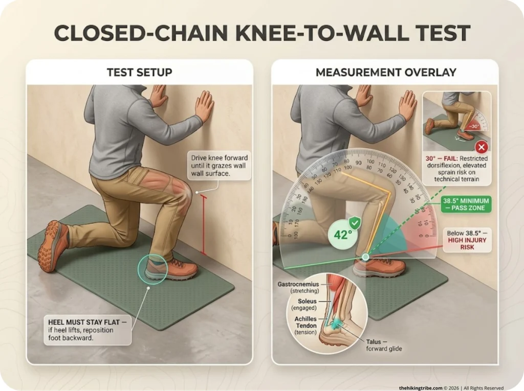 Infographic showing Closed-Chain Knee-to-Wall ankle test with protractor overlay measuring 38.5-degree passing angle