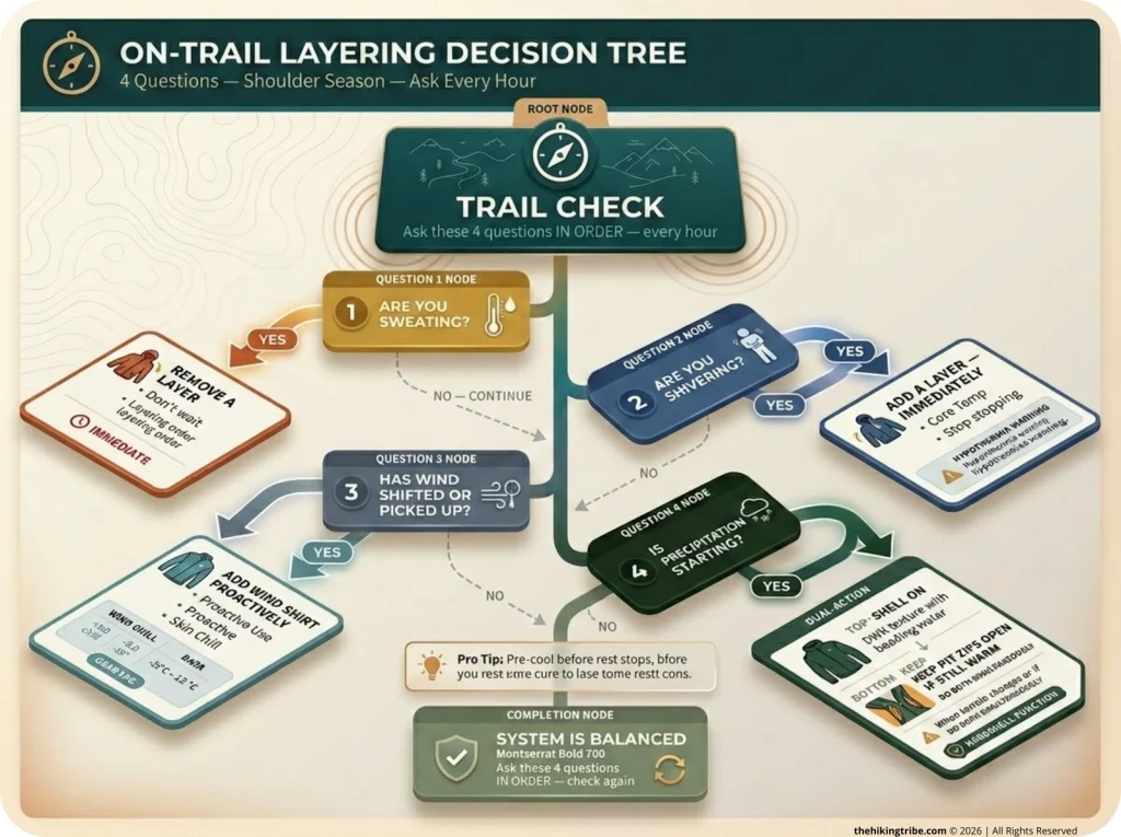 Infographic showing a 4-question shoulder season layering decision tree with flowchart branches for sweating, shivering, wind, and rain responses