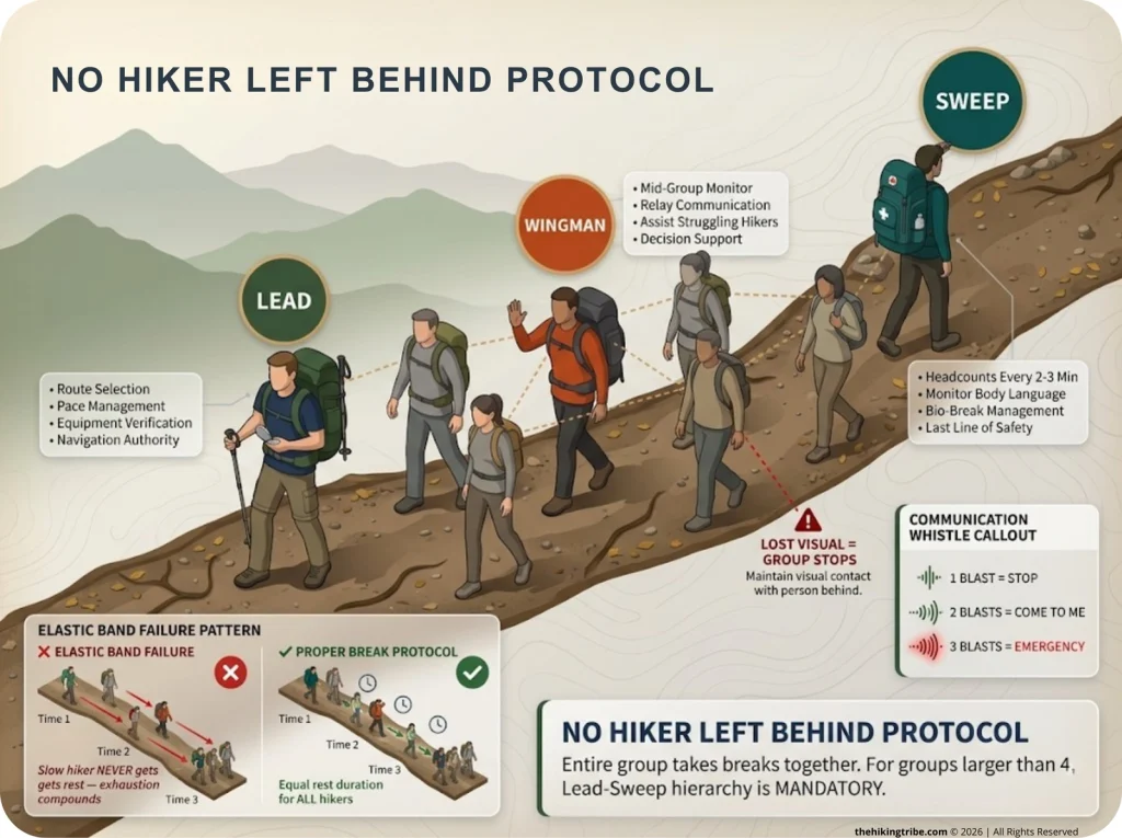 Infographic showing Lead-Sweep-Wingman hiking positions with sight lines, role responsibilities, and Elastic Band failure vs proper break protocol