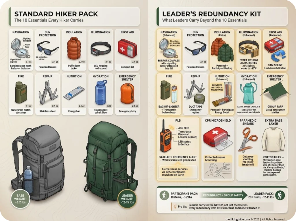 Infographic comparing Standard Hiker 10 Essentials pack vs Leader's Redundancy Kit with itemized gear, weights, and purpose callouts