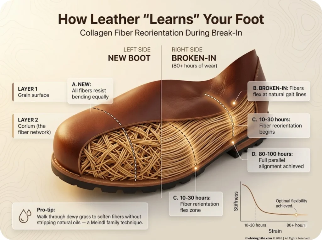 Infographic showing leather boot cross-section with collagen fiber reorientation from new to broken-in state at flex points