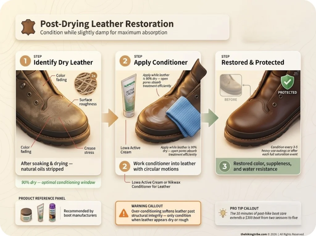 Infographic showing 3-step leather boot conditioning process after drying with before and after comparison