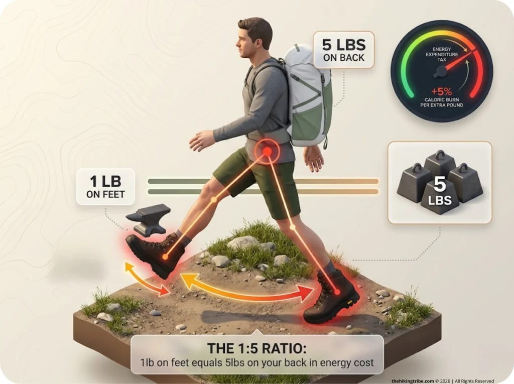 Infographic showing the hiking footwear lever-arm effect with weight ratio comparison labels and energy output gauges