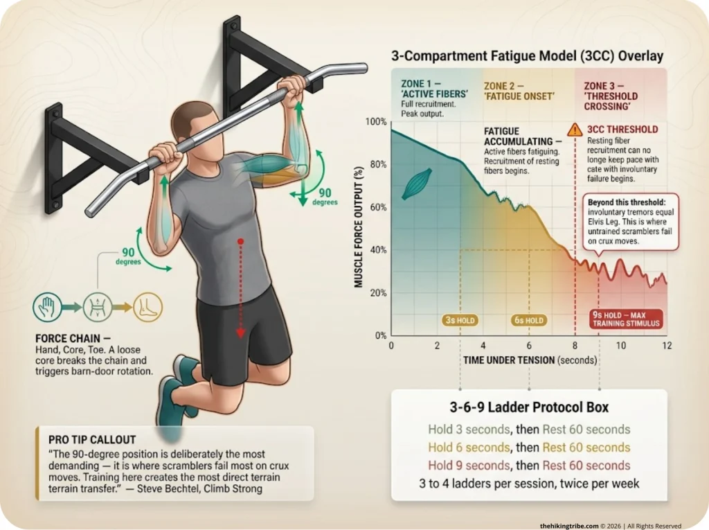Infographic showing 90-degree lock-off position with 3-compartment fatigue model timeline and 3-6-9 ladder intervals