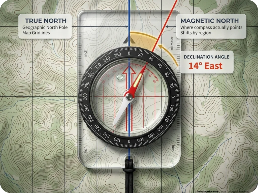 Infographic showing top-down view of a baseplate compass on a topographic map comparing true north and magnetic north