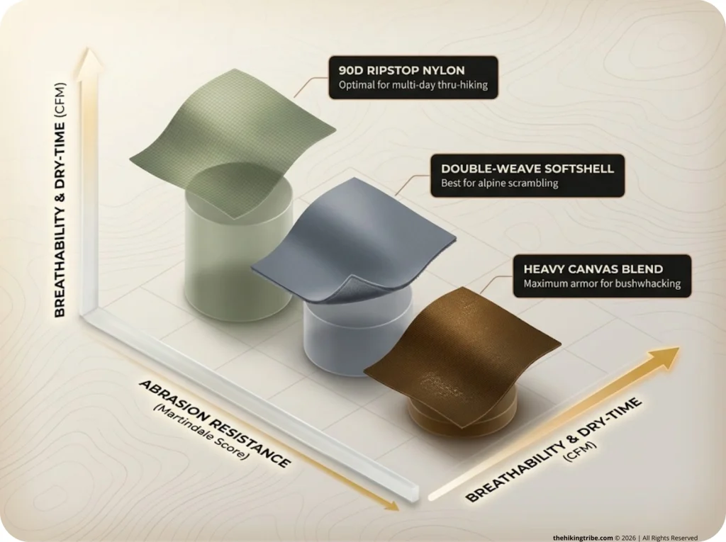 Infographic showing hiking pants material chart with durability versus breathability axes for ripstop and softshell