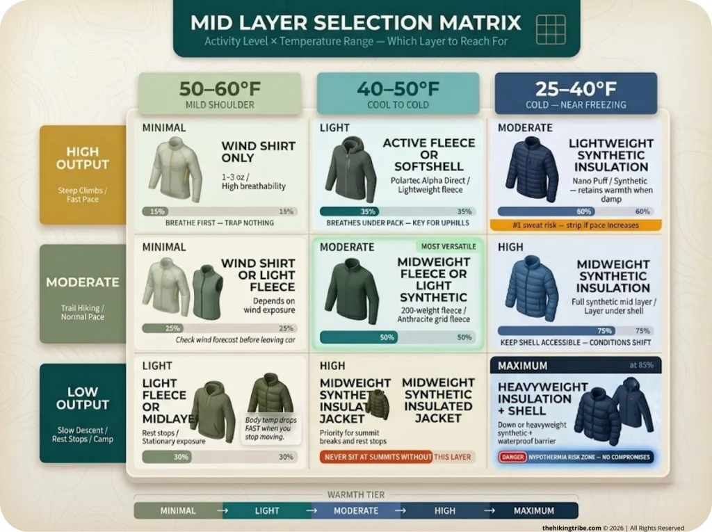 Infographic showing mid layer selection matrix by activity level and temperature range with color-coded warmth recommendations for shoulder season hiking
