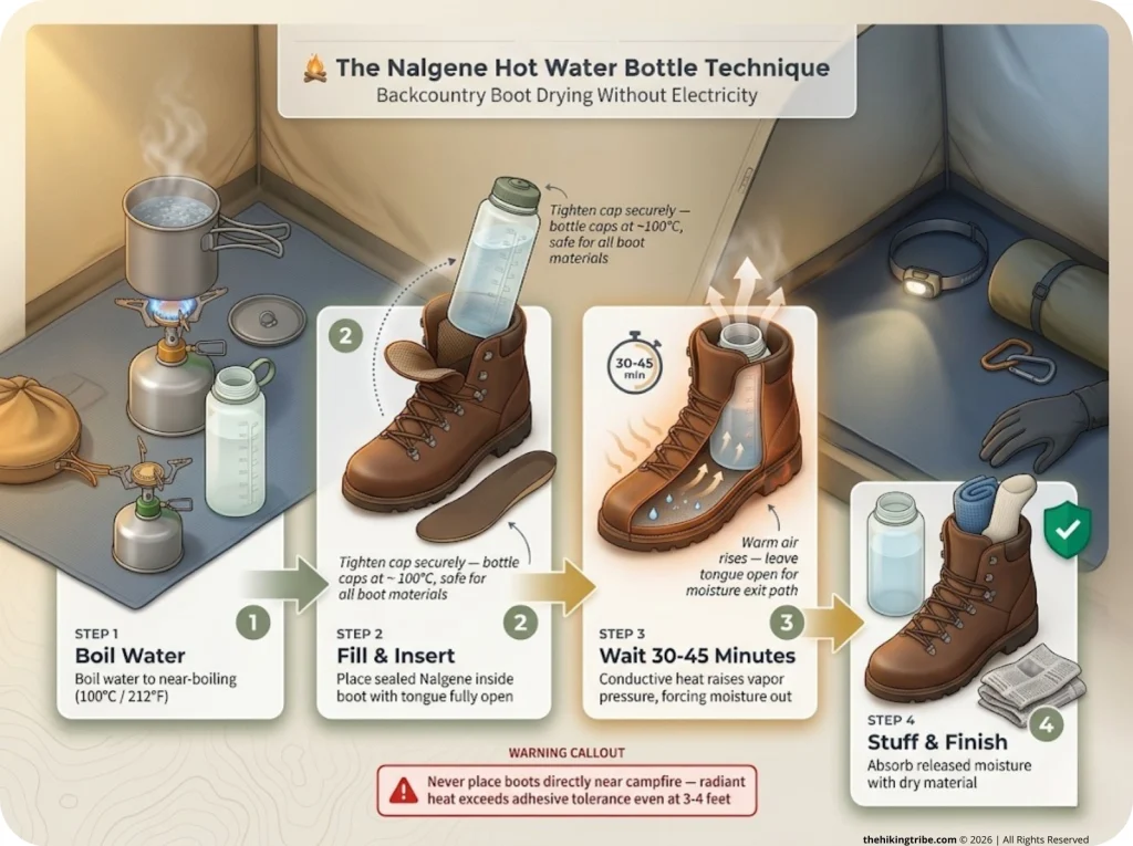 Infographic showing 4-step Nalgene hot water bottle technique for drying hiking boots in backcountry with camp setting