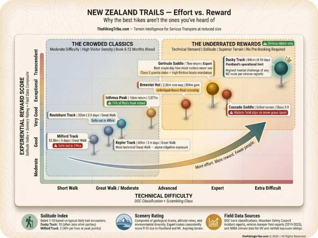 Infographic scatter plot comparing NZ hike technical difficulty vs experiential reward with labeled trail data points