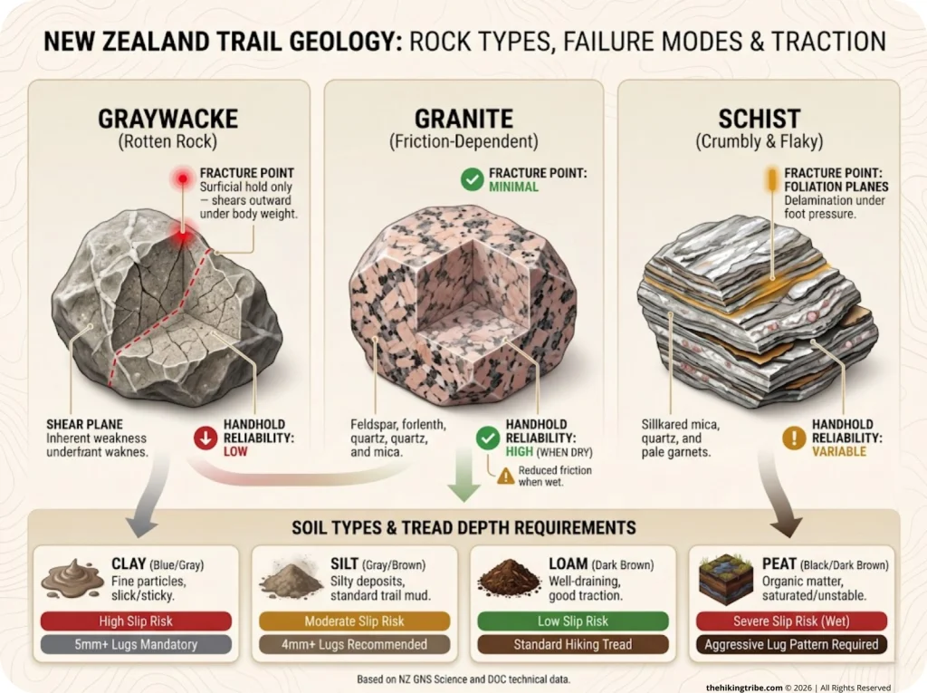 Infographic comparing graywacke, granite, and schist rock structures with failure modes and soil tread depth requirements for hiking