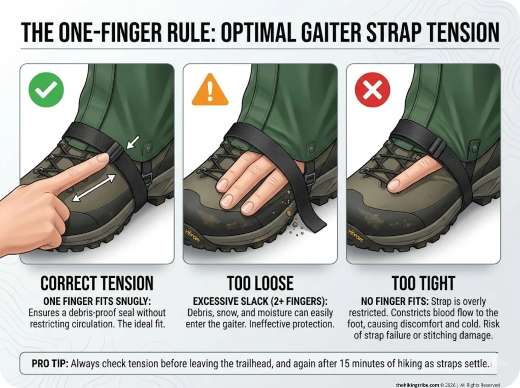 Infographic showing three-panel finger test for gaiter instep strap tension with correct, loose, and tight outcomes