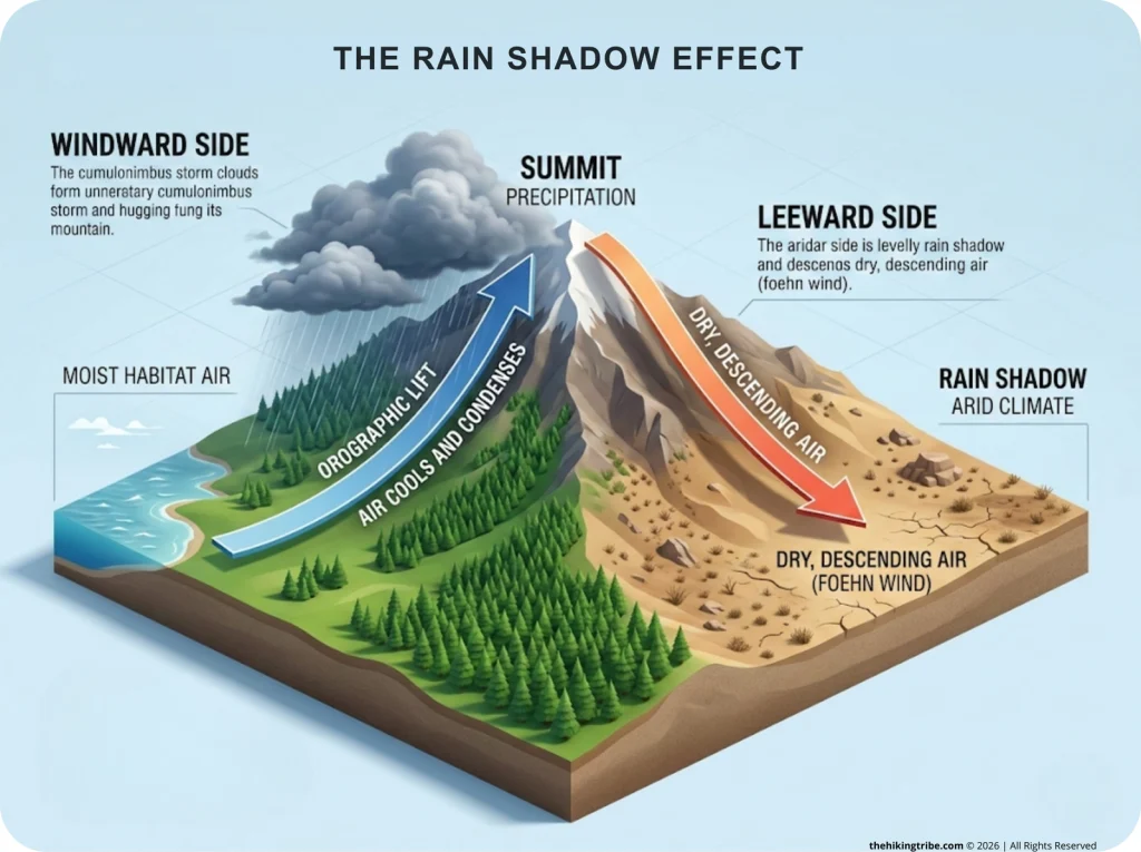 Infographic showing orographic lift with warm moist air rising to form storm clouds and dropping dry air on leeward side