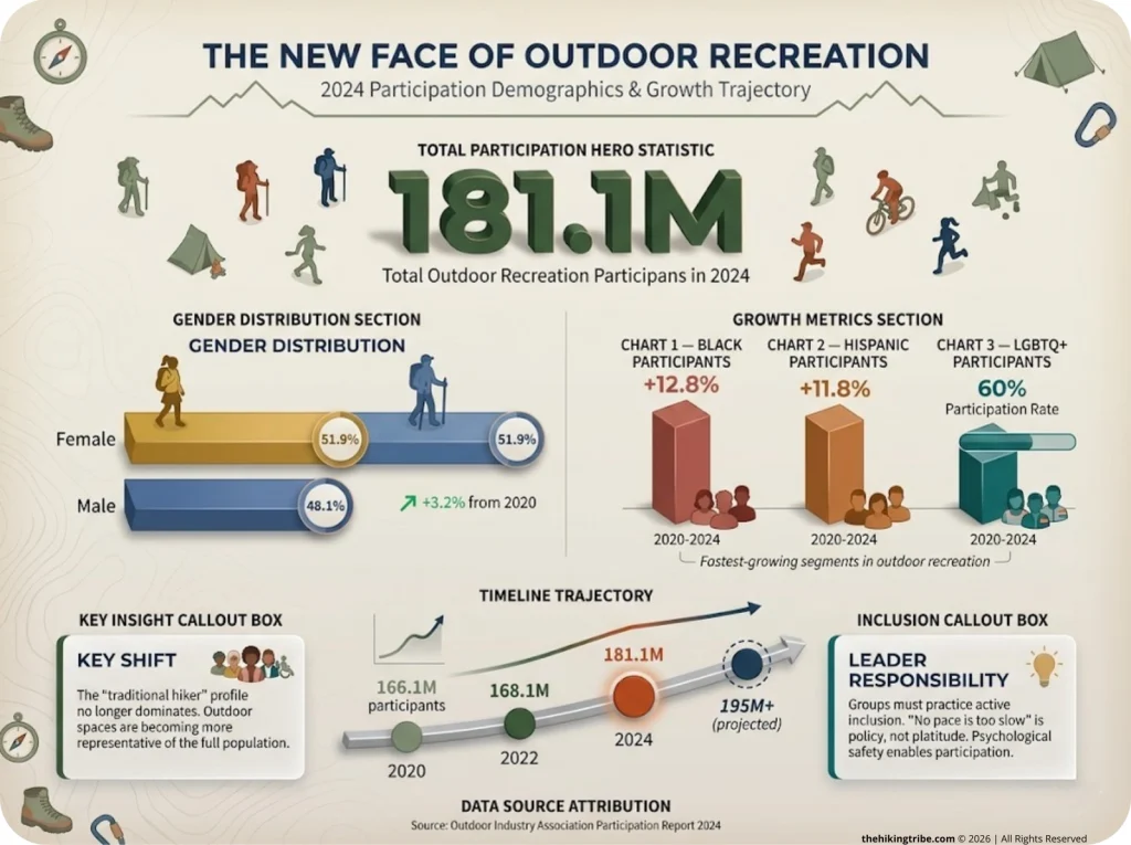 Infographic showing 2024 outdoor participation demographics with 181.1M total, 51.9% female, and growth in Black, Hispanic, LGBTQ+ participation