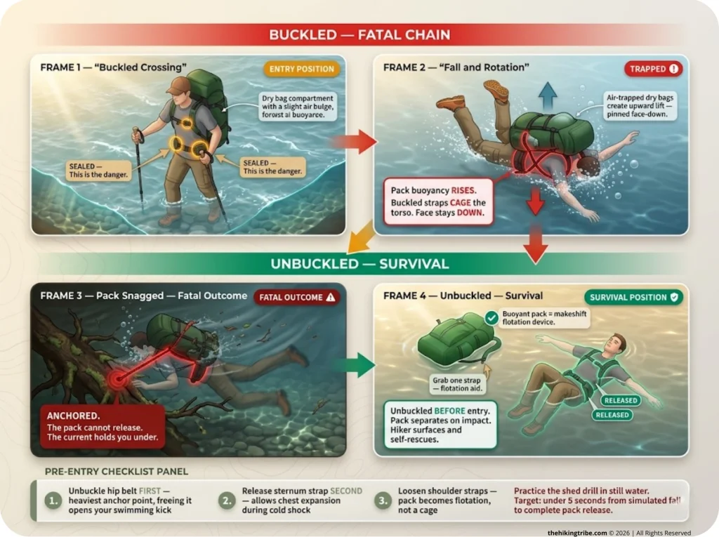 Infographic showing four-step sequence comparing buckled and unbuckled pack scenarios during river crossing with safety labels