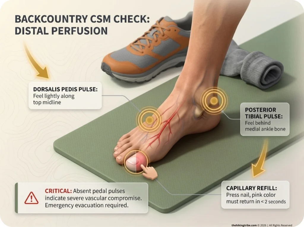 Infographic showing lower leg anatomy with labeled dorsalis pedis and posterior tibial pulse locations for CSM checks