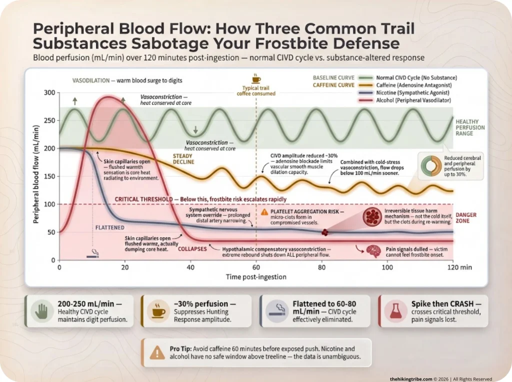 Infographic comparing peripheral blood flow under caffeine, nicotine, and alcohol effects over 2 hours with CIVD cycle overlay