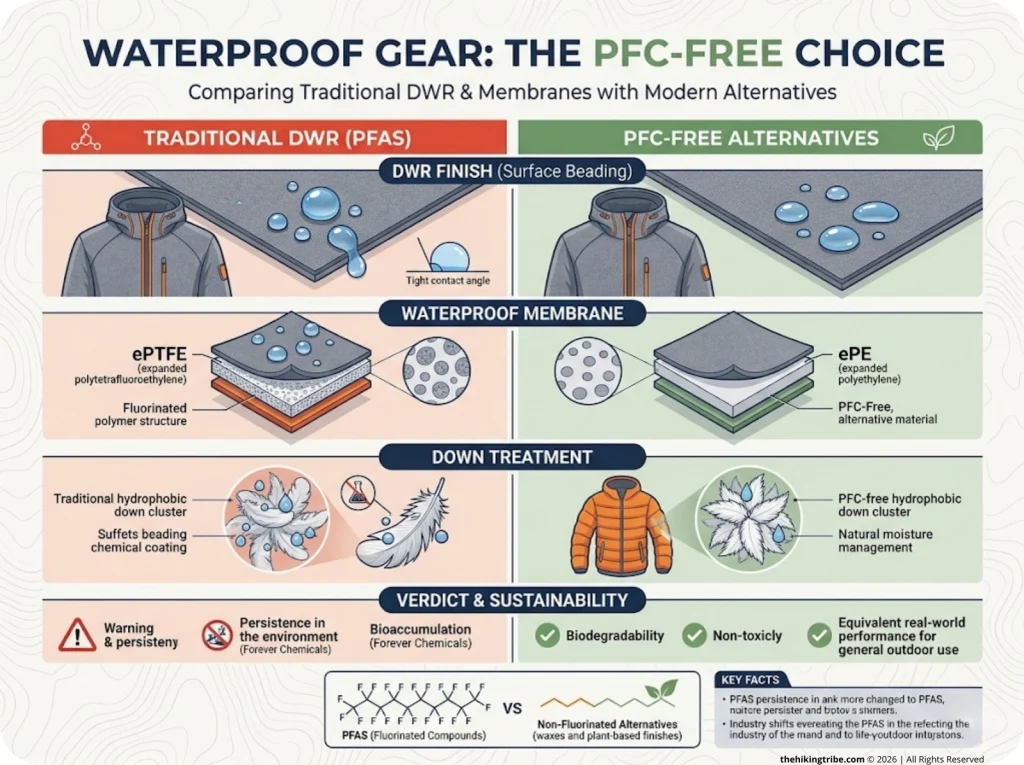 Infographic comparing traditional PFAS DWR vs PFC-free alternatives across gear components with environmental persistence