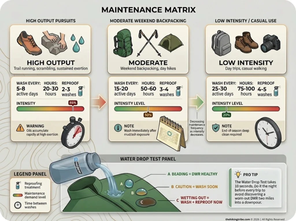 Infographic showing PFAS-free rain jacket maintenance matrix with activity hours vs wash frequency by intensity level