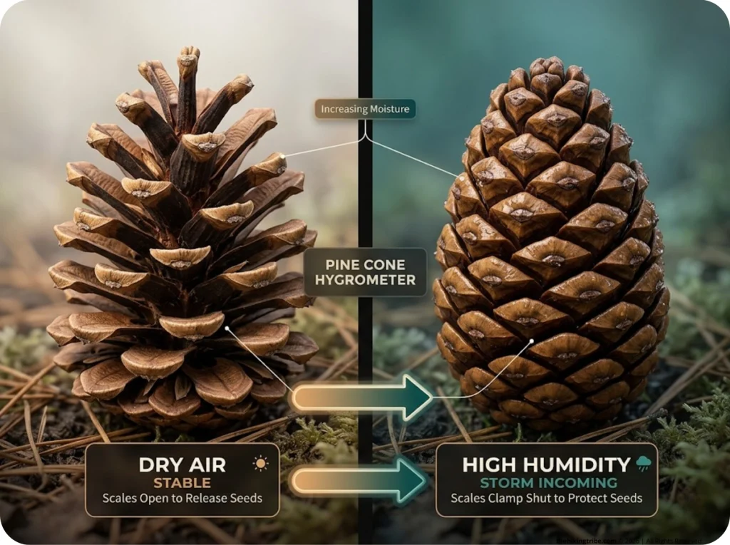 Infographic showing side-by-side comparison of pine cone weather signs with open scales for dry air and closed scales for high humidity
