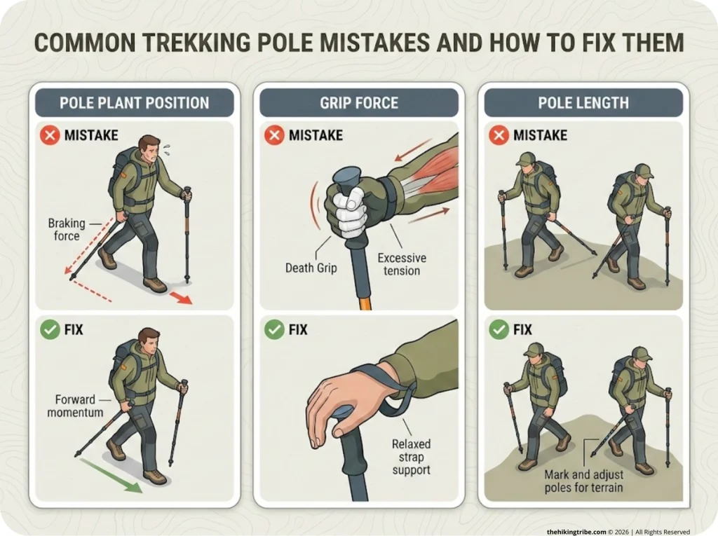 Infographic comparing 3 trekking pole common mistakes vs correct fixes with labeled diagrams, clock face overlay, and tape-marking system