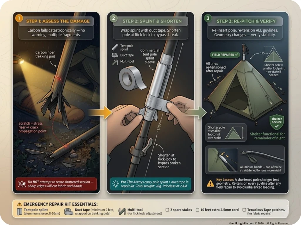 Infographic showing 3-step trekking pole field repair from shattered carbon to splinted repair with re-tensioned guylines