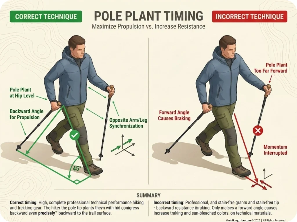Infographic comparing correct vs incorrect trekking pole plant timing with labeled hip-level vs forward placement and opposite arm-leg sync