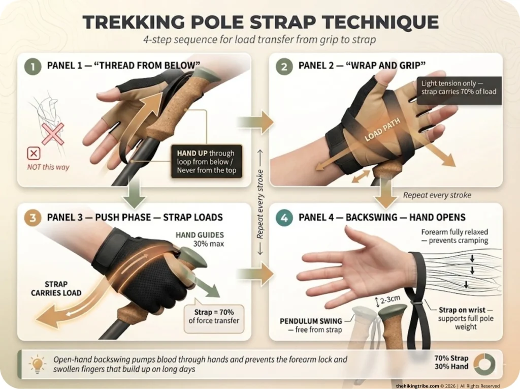 Infographic showing 4-step trekking pole strap technique with close-up hand panels: threading, gripping, push phase, and open backswing