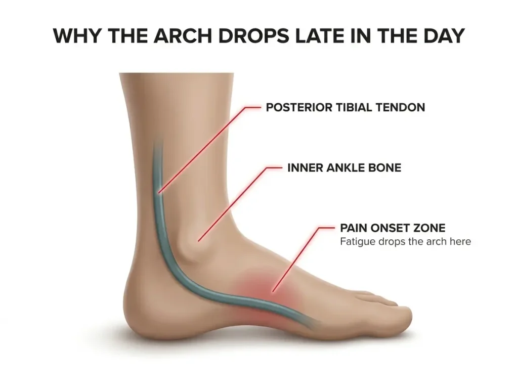 Diagram tracing the posterior tibial tendon from the inner ankle to the midfoot, showing the arch pain onset zone