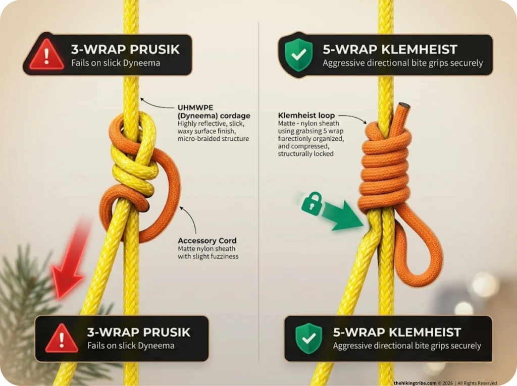 Infographic comparing a slipping 3-wrap Prusik knot against a secure 5-wrap Klemheist on slick Dyneema guylines