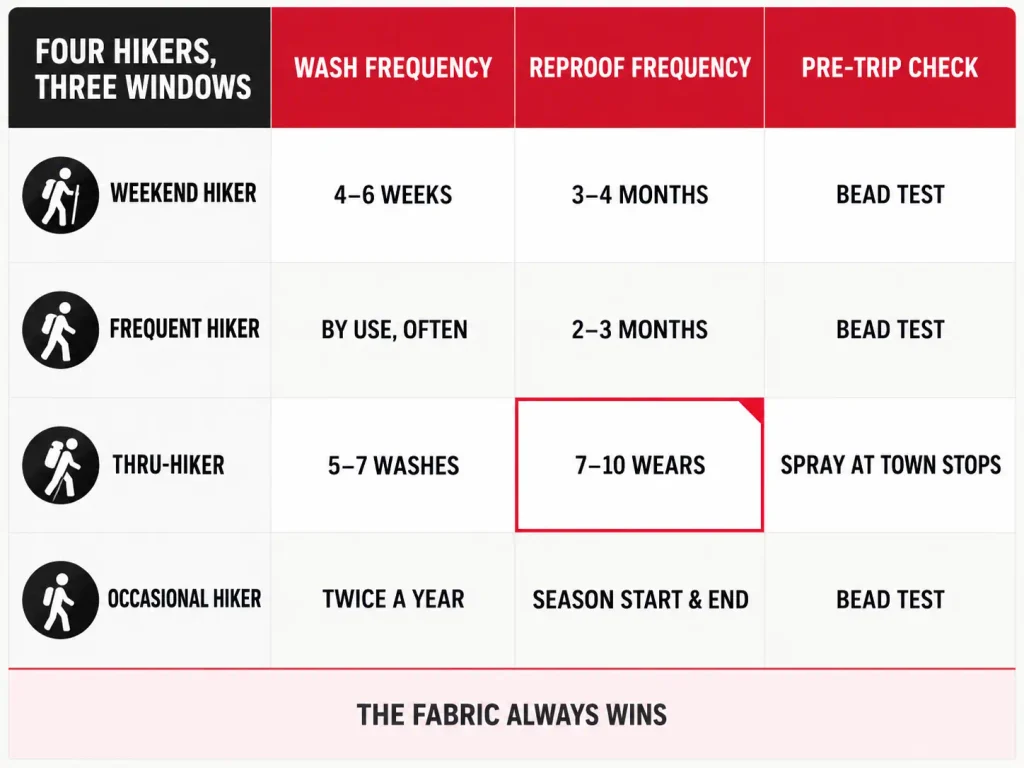Table comparing wash, reproof, and pre-trip check intervals for weekend, frequent, thru, and occasional hikers