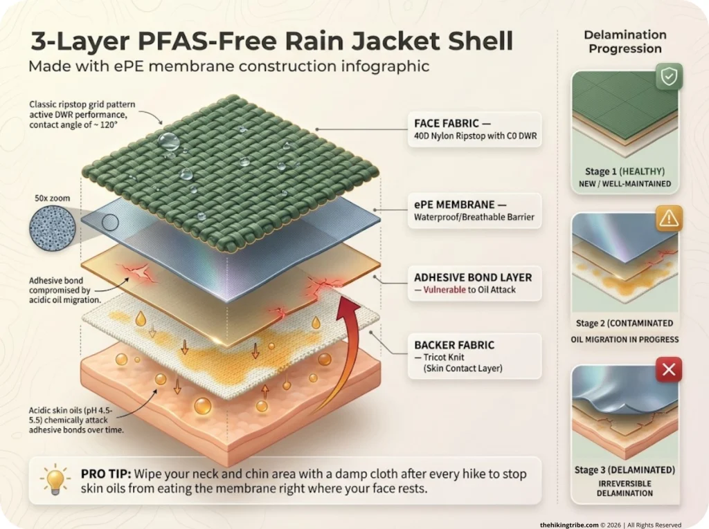 Infographic showing skin oil penetration through rain jacket layers causing membrane delamination with labeled anatomy