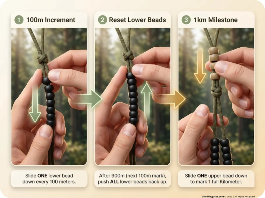 Macro photo sequence showing hands sliding lower and upper ranger beads to track hiking distance increments