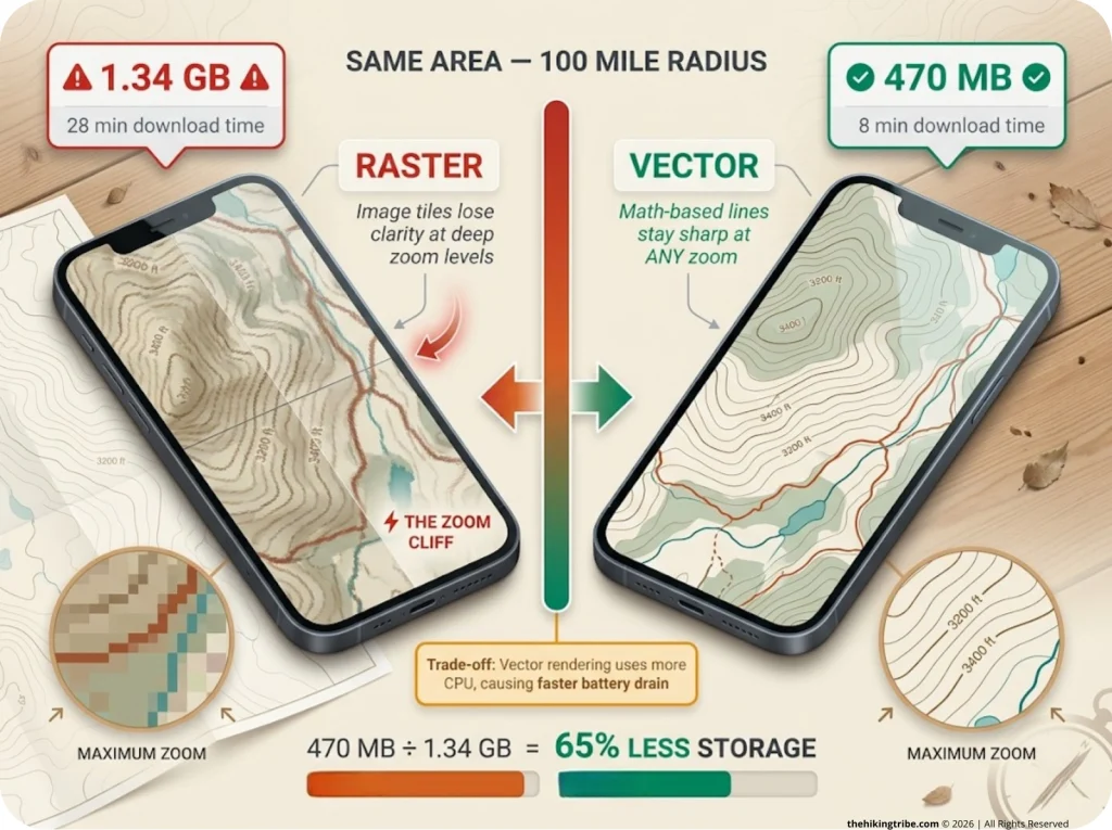 Infographic comparing raster vs vector topographic maps side-by-side with zoom clarity, file sizes, and storage trade-off labels