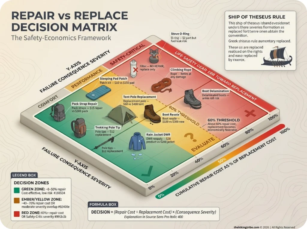 Infographic showing repair vs replace decision matrix with cost percentage and consequence severity axes and gear zone plots