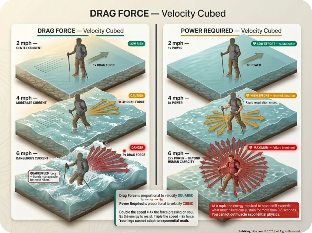 Infographic showing how river drag force and power scale with velocity at 2, 4, and 6 mph with proportional arrows and hiker silhouettes