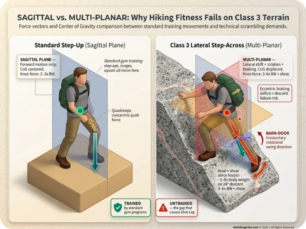 Infographic comparing sagittal-plane step-up forces vs multi-planar Class 3 step-across forces with CoG position and knee vectors