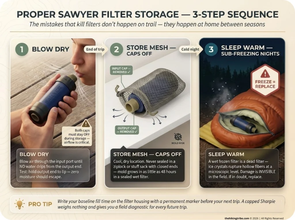 Infographic showing 3-step Sawyer filter storage sequence: blow dry, store uncapped in mesh bag, sleep with filter on cold nights