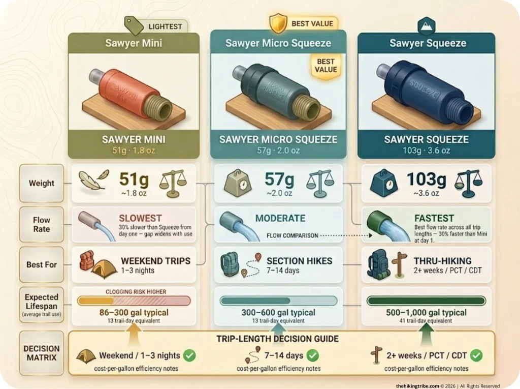 Infographic comparing Sawyer Mini, Micro Squeeze, and Squeeze with weight, flow rate, and trip-length decision matrix