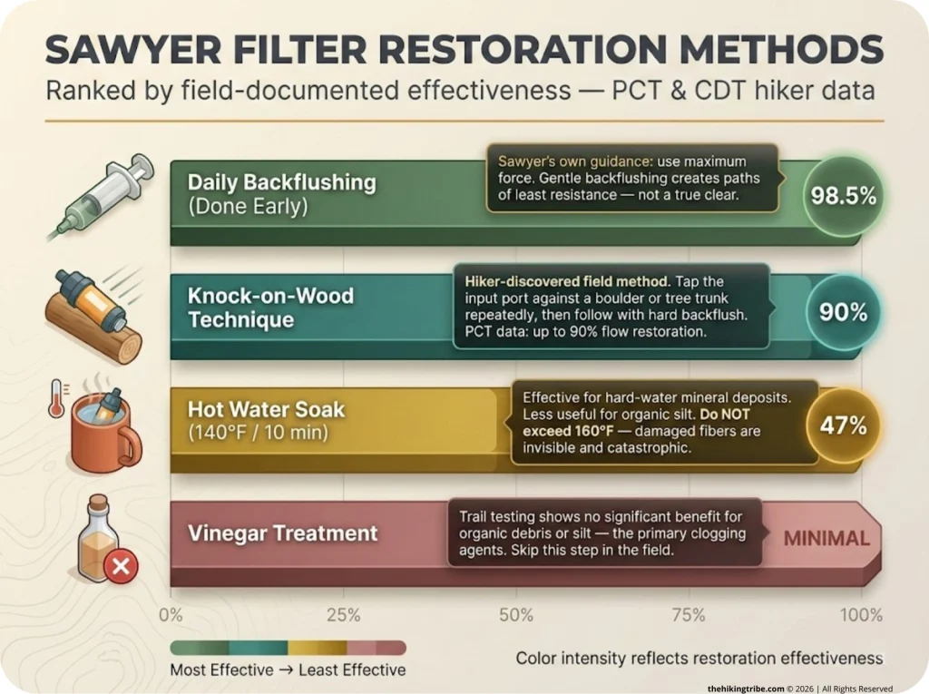Infographic comparing Sawyer filter restoration methods by effectiveness: backflushing 98.5%, knock-on-wood 90%, hot water 47%, vinegar minimal