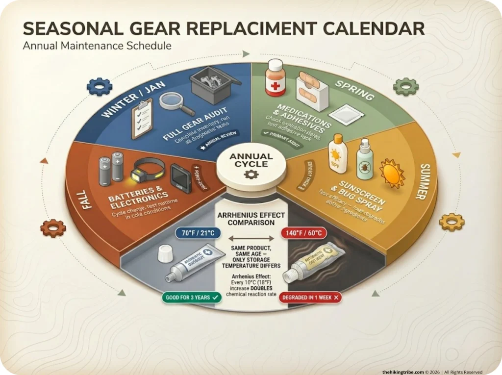 Infographic showing seasonal gear replacement calendar wheel with Arrhenius Effect temperature degradation comparison