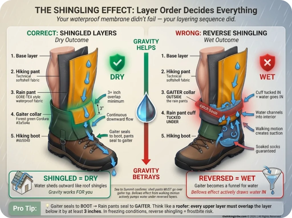 Infographic showing correct vs incorrect rain pants and gaiter layering with water flow arrows and dry/wet outcomes