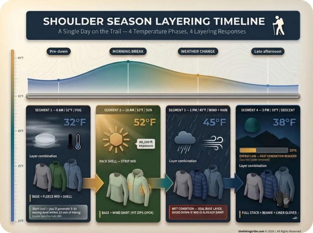 Infographic showing a shoulder season day timeline with temperature, weather, and correct layer combinations at 6AM, 10AM, 1PM, and 3PM