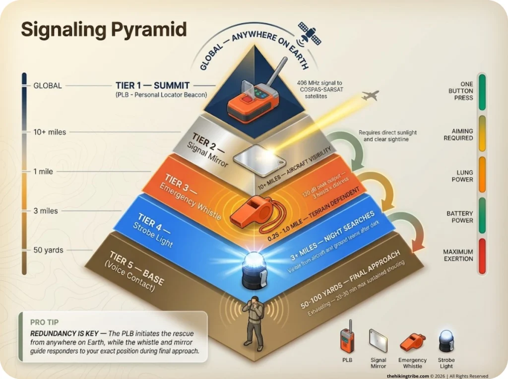 Infographic showing 5-tier signaling pyramid from PLB to voice contact with range capabilities