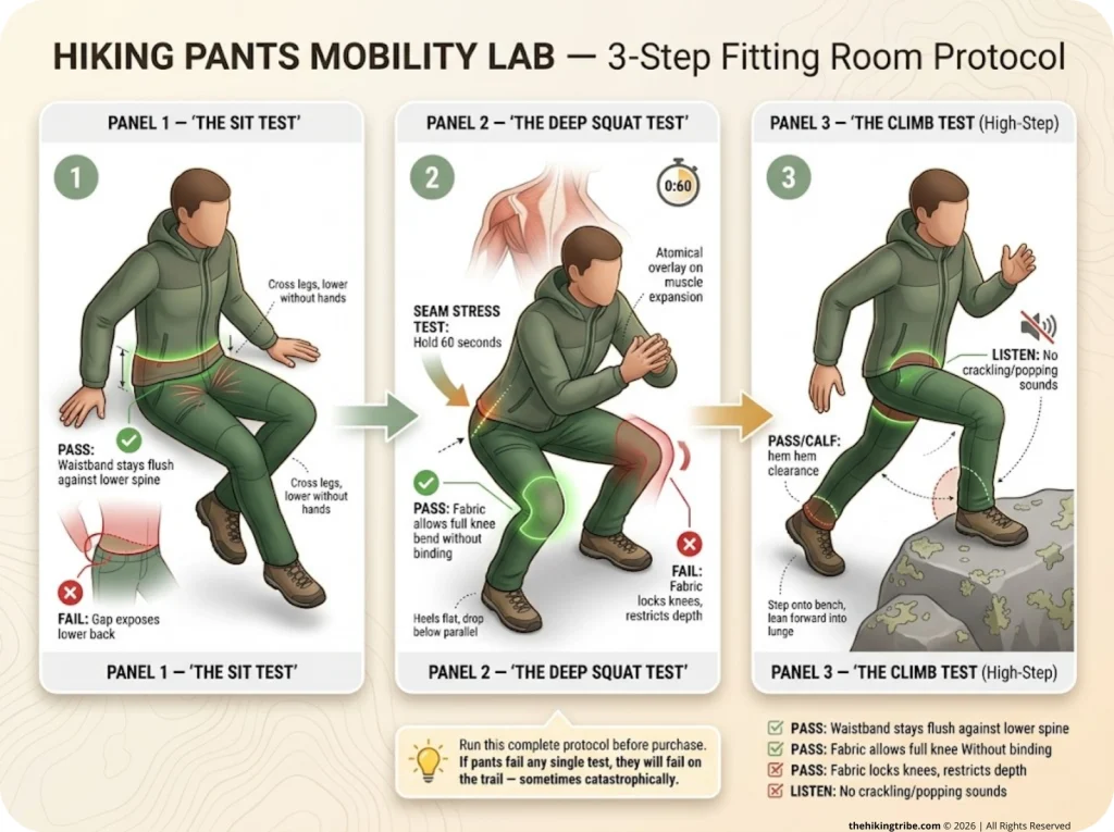 Infographic showing 3-step hiking pants mobility test with pass/fail visual indicators for waistband and knee stretch
