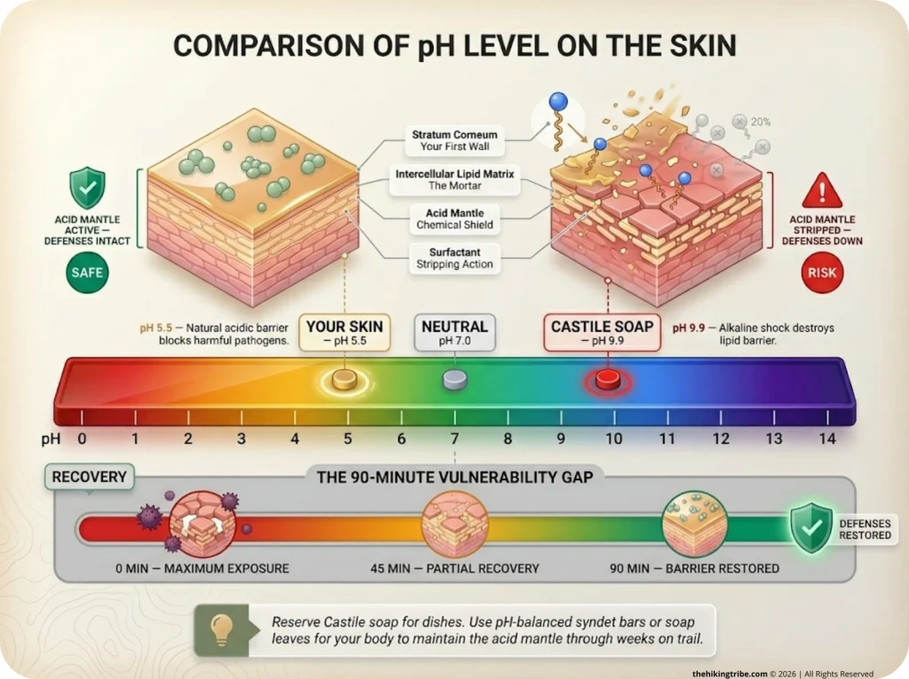 Infographic showing pH scale comparing skin acidity 5.5 with castile soap 9.9 alkalinity and the 90-minute vulnerability gap