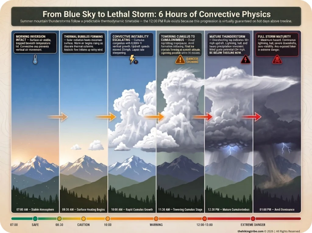 Infographic showing 6-stage sky progression from clear morning to anvil cumulonimbus thunderstorm with labeled cloud physics